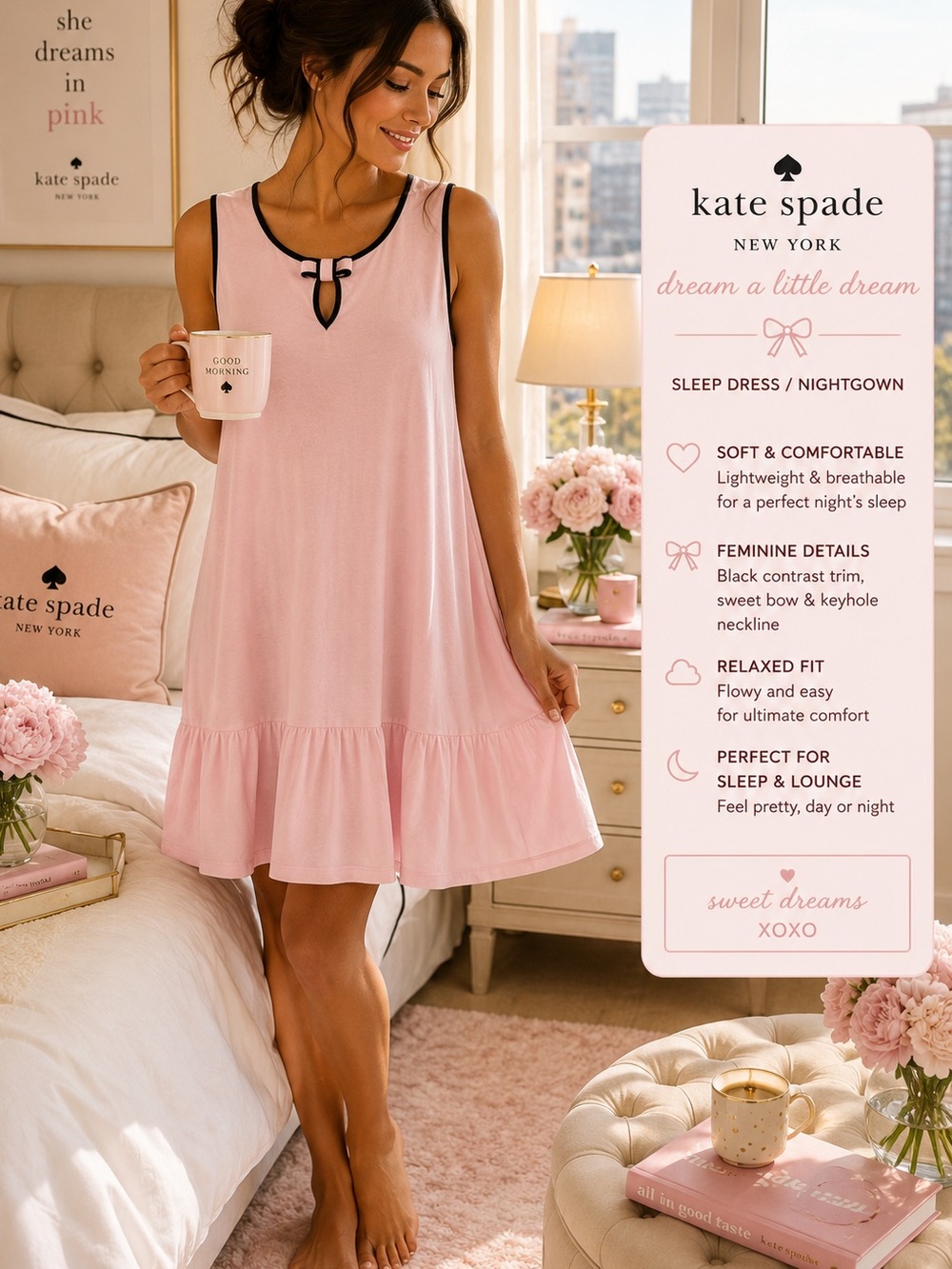 kate spade Pink Nightgown with Black Trim and Keyhole